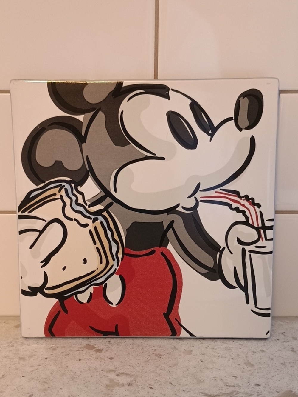 Vintage Disney Store Mickey Mouse Eating Sandwich Ceramic Tile 6x6 W/Cork Back